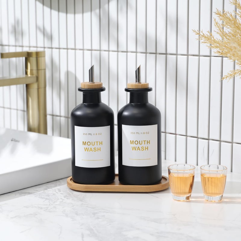 BONLONG 11.8OZ Glass Mouthwash Dispenser for Bathroom with Stainless Steel & Bamboo Nozzle, Mouthwash Cup Reusable, Bamboo Tray, and Elegant Gold Sticker.Set of 2（Black - Image 2